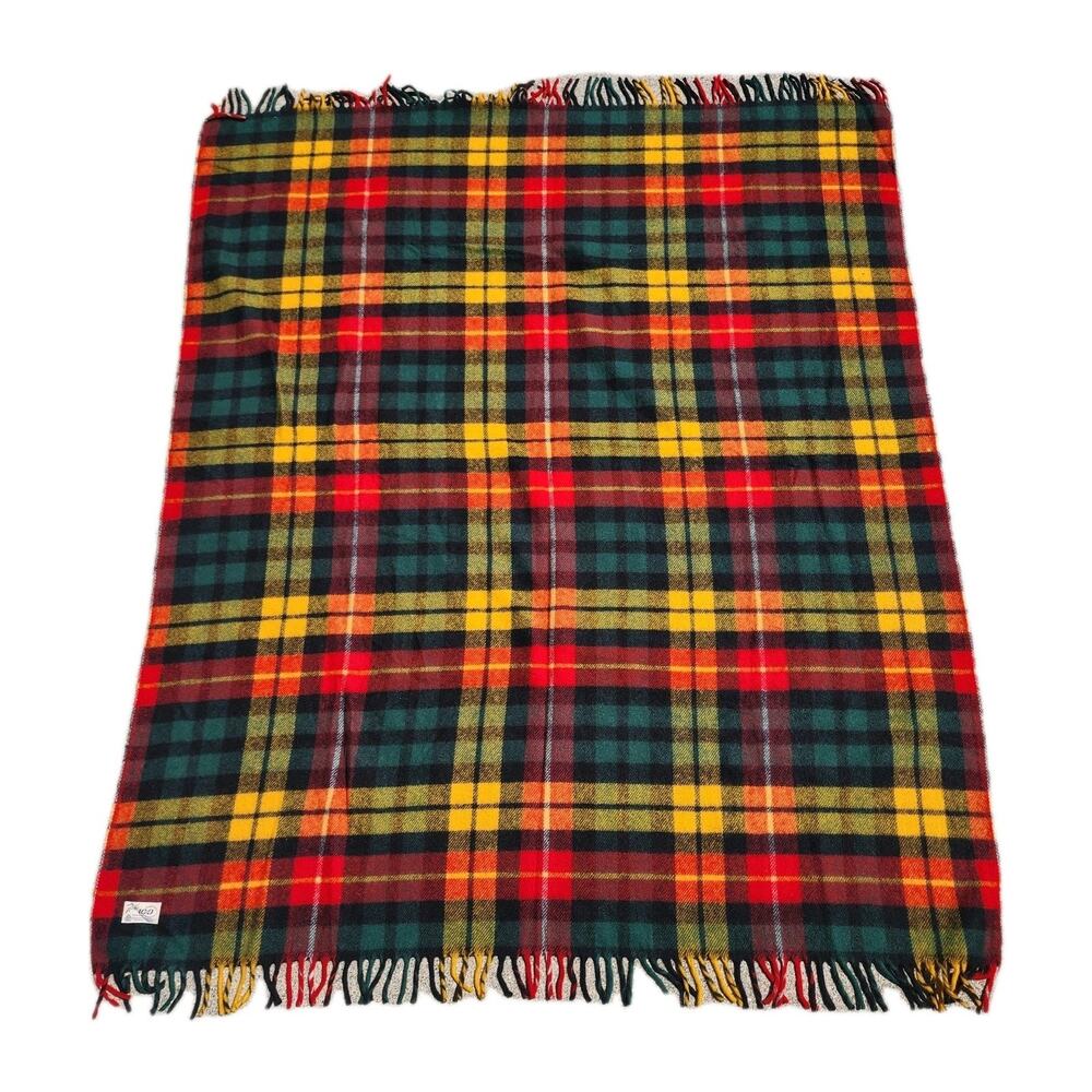 Vintage FARIBO 100% Wool Plaid Throw Blanket 59"x 50" Mid-Century Cabin Cozy